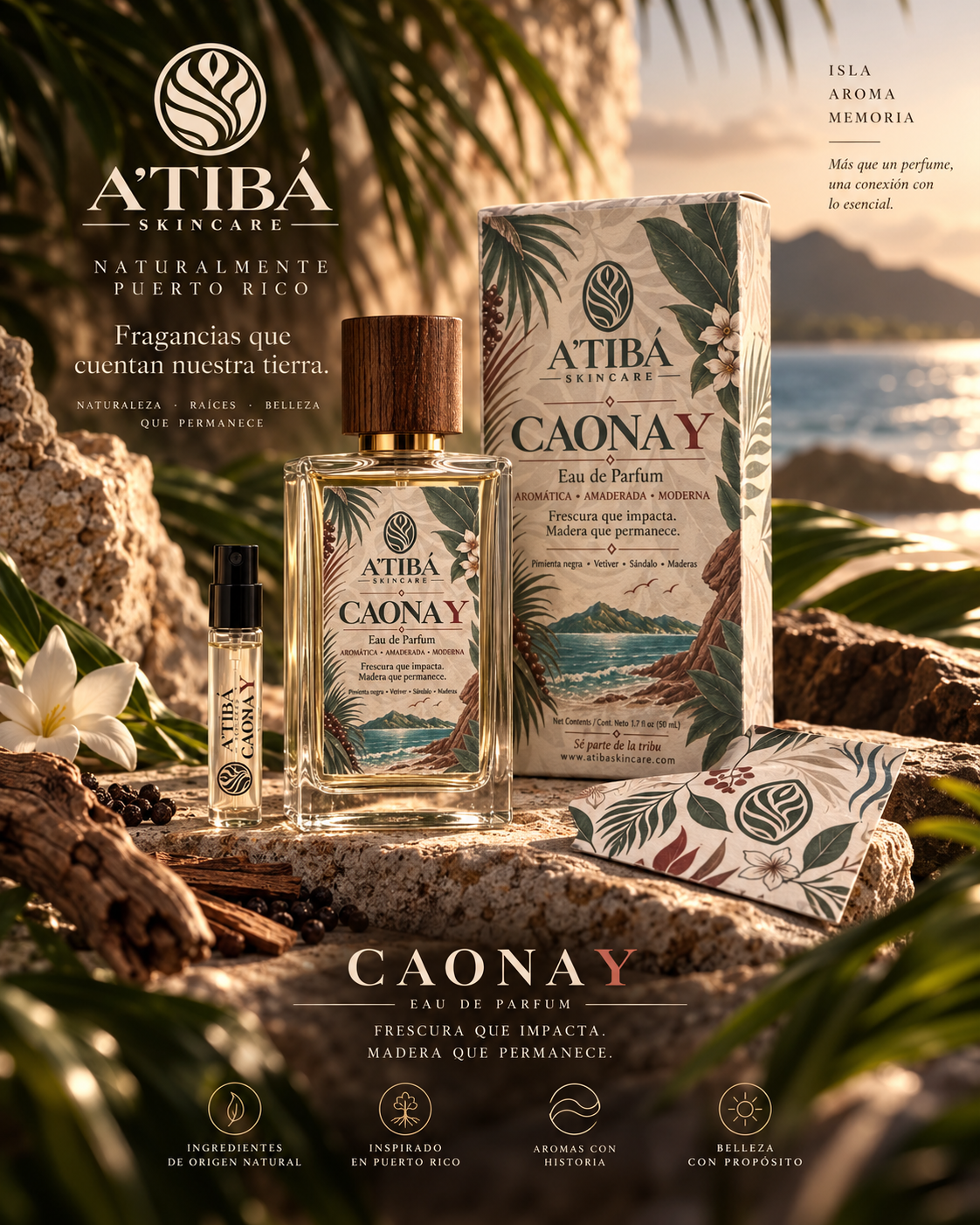 CAONA Y 50mL glass perfume bottle close-up with tropical botanical label — A'TIBÁ Skincare, Eau de Parfum, pimienta negra vetiver sándalo maderas, 1.7 fl oz Yauco Puerto Rico