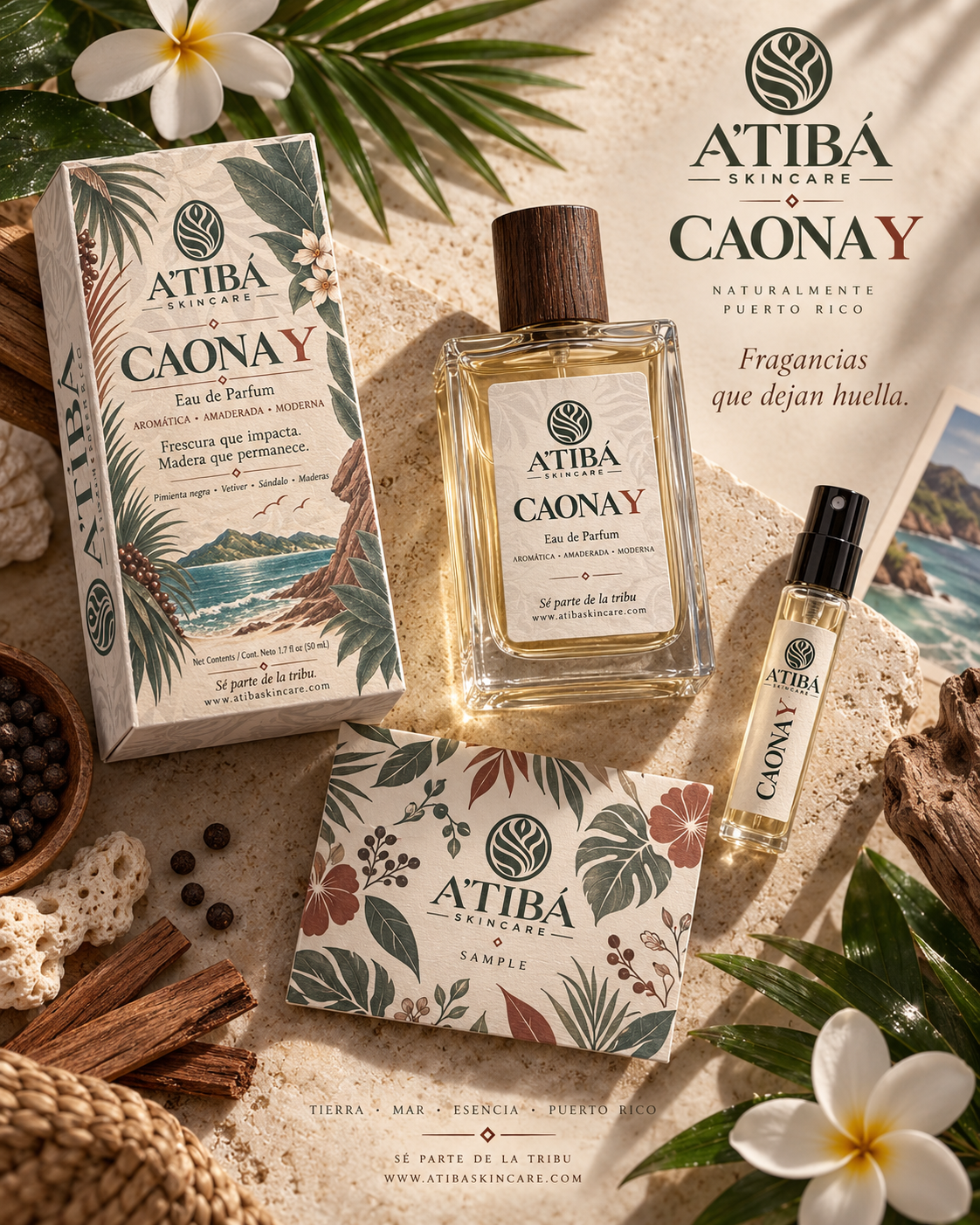 CAONA Y brand campaign graphic — Fragancias que dejan huella, Naturaleza Carácter Permanencia, bottle box and sample vial, A'TIBÁ Skincare Veteran-Owned Puerto Rico