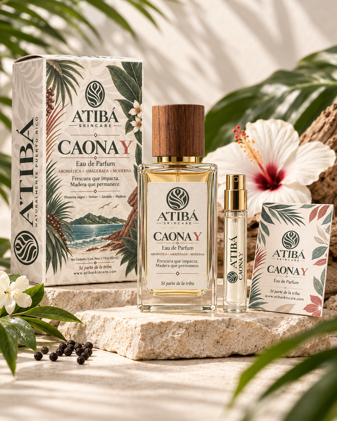 CAONA Y Eau de Parfum coastal campaign — bottle and luxury box at golden hour with ocean and tropical botanicals backdrop, Sé parte de la tribu, atibaskincare.com