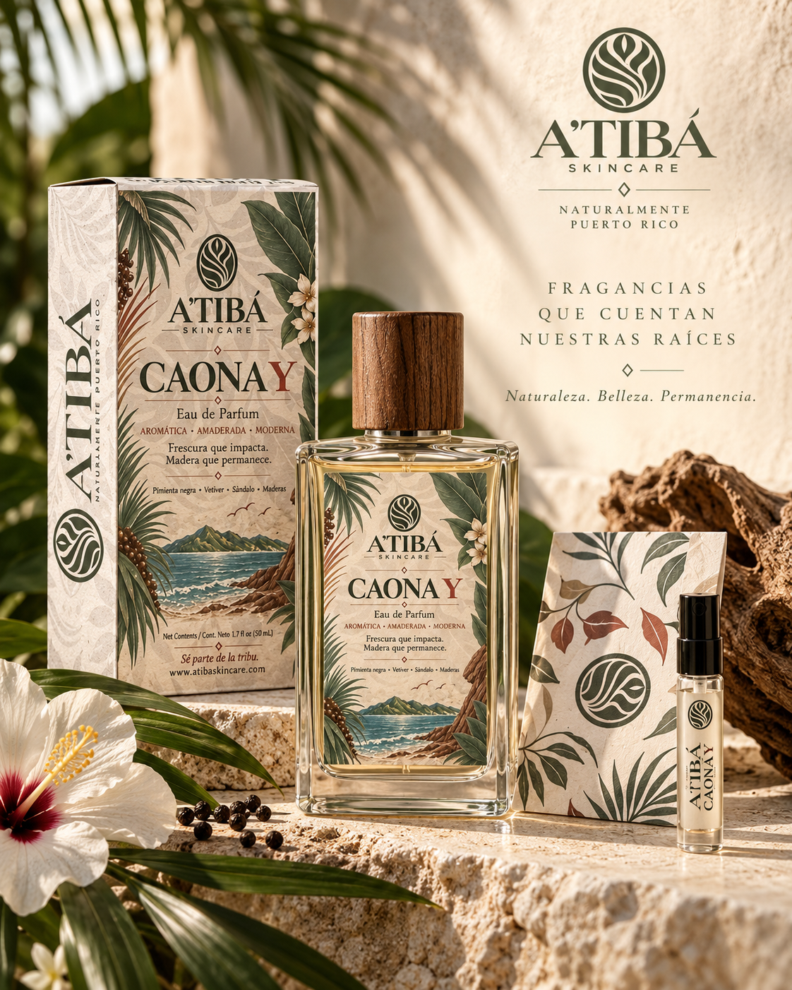 CAONA Y Eau de Parfum hero display — bottle and box on stone plinth with hibiscus flowers, pimienta negra vetiver sándalo maderas, Sé parte de la tribu, A'TIBÁ Skincare