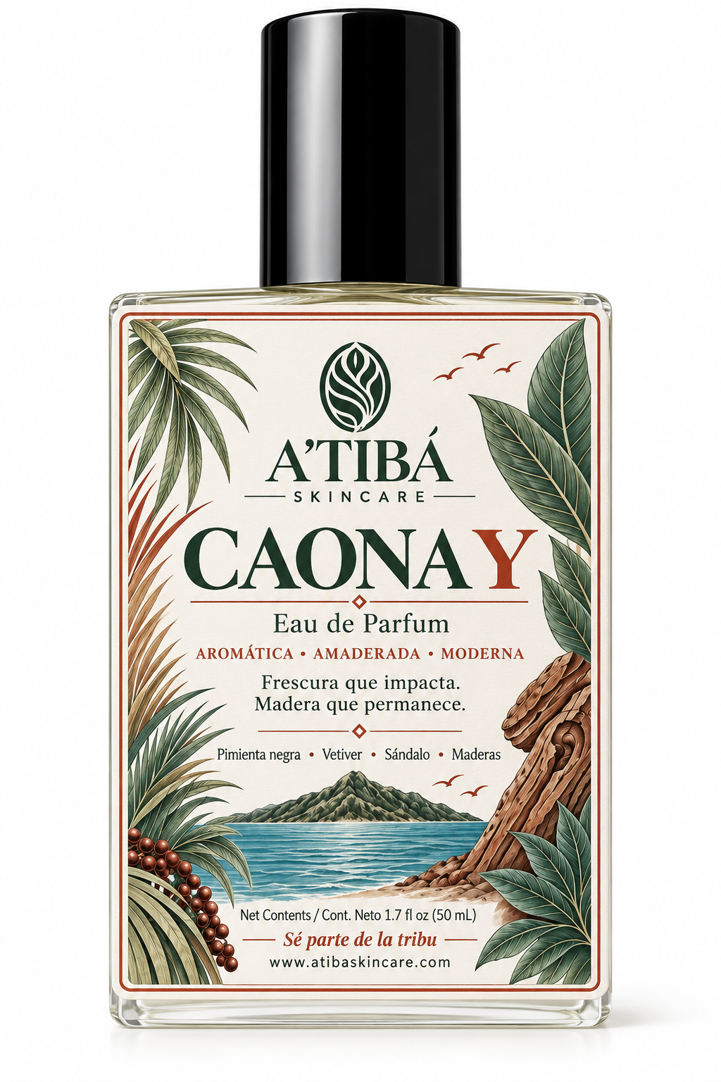 CAONA Y Eau de Parfum by A'TIBÁ Skincare — bottle and luxury retail box bedside lifestyle shot, tropical botanical label design, 50mL 1.7 fl oz, Yauco Puerto Rico