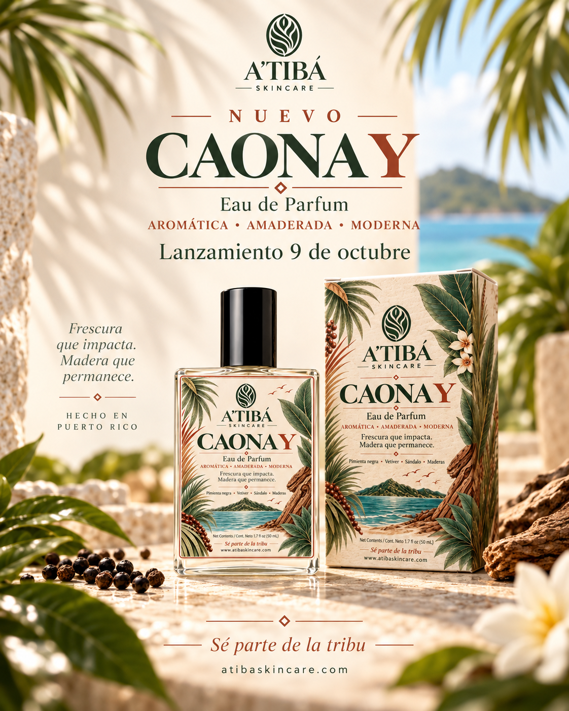 CAONA Y full collection flat lay — 50mL glass bottle, luxury retail box, and sample vial with client information card, black pepper vetiver sandalwood woods, A'TIBÁ Skincare