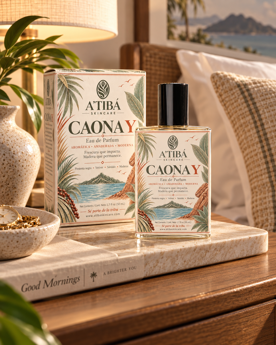 CAONA Y Eau de Parfum launch announcement — Nuevo lanzamiento October 9, Aromática Amaderada Moderna, Frescura que impacta Madera que permanece, A'TIBÁ Skincare Puerto Rico