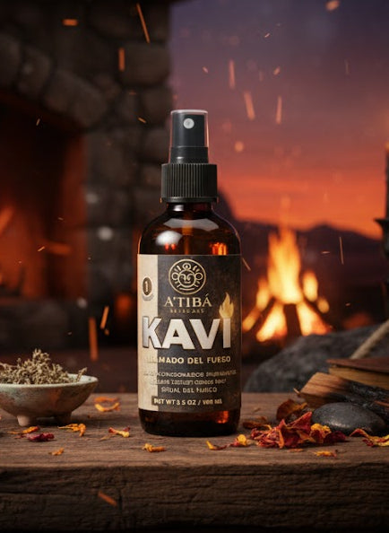 Kavi bottle on a wooden surface with a fireplace and candles in the background