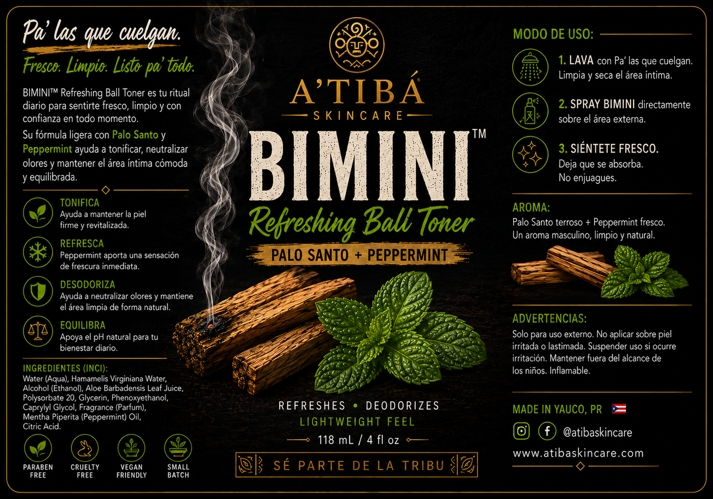 BIMINI™ label detail — Palo Santo and Peppermint ball toner handmade in Puerto Rico