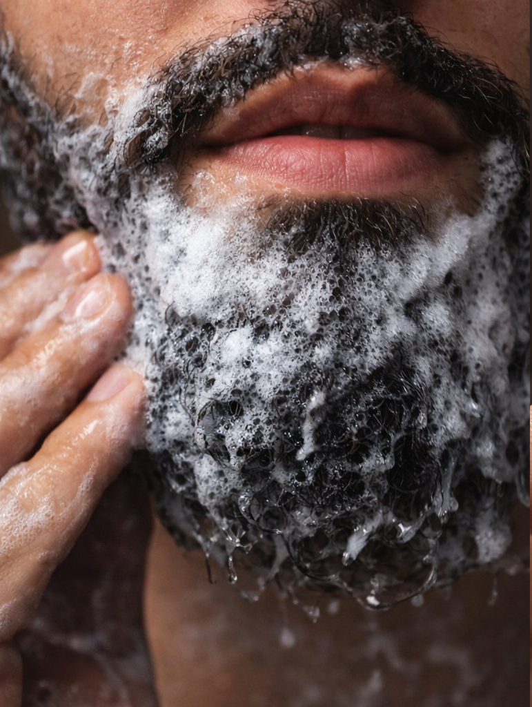 Close-up of a person applying soap to their face with a focus on the soapy texture.