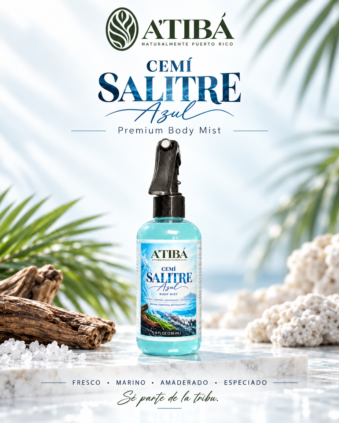 CEMÍ Salitre Azul Premium Men's Body Mist by A'TIBÁ Skincare — clean clinical product shot, 8 fl oz clear trigger bottle with pale blue liquid, white background, Yauco Puerto Rico