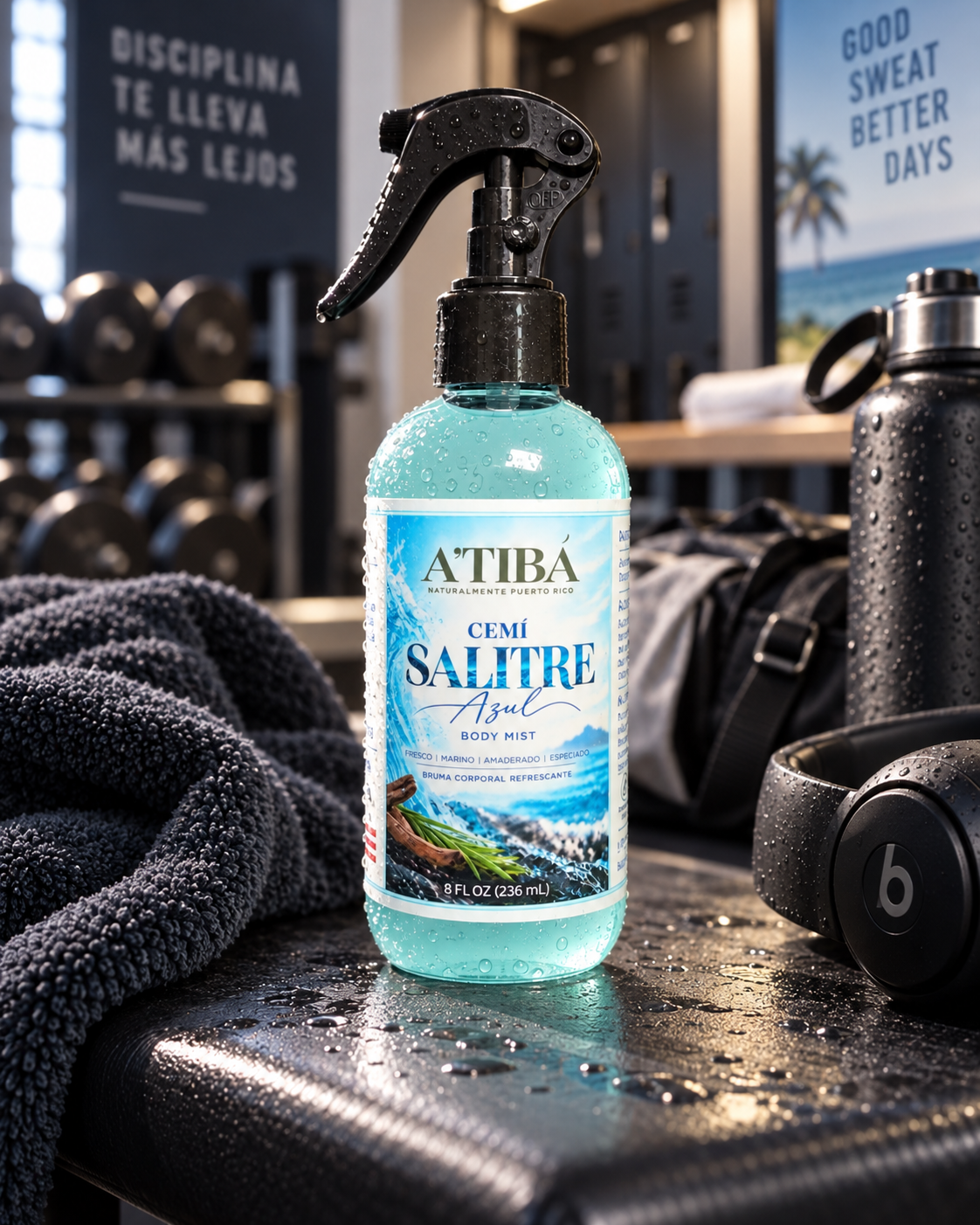 CEMÍ Salitre Azul men's body mist in gym setting — after workout lifestyle shot with towel water bottle and weights, Disciplina Te Lleva Más Lejos, A'TIBÁ Skincare Puerto Rico