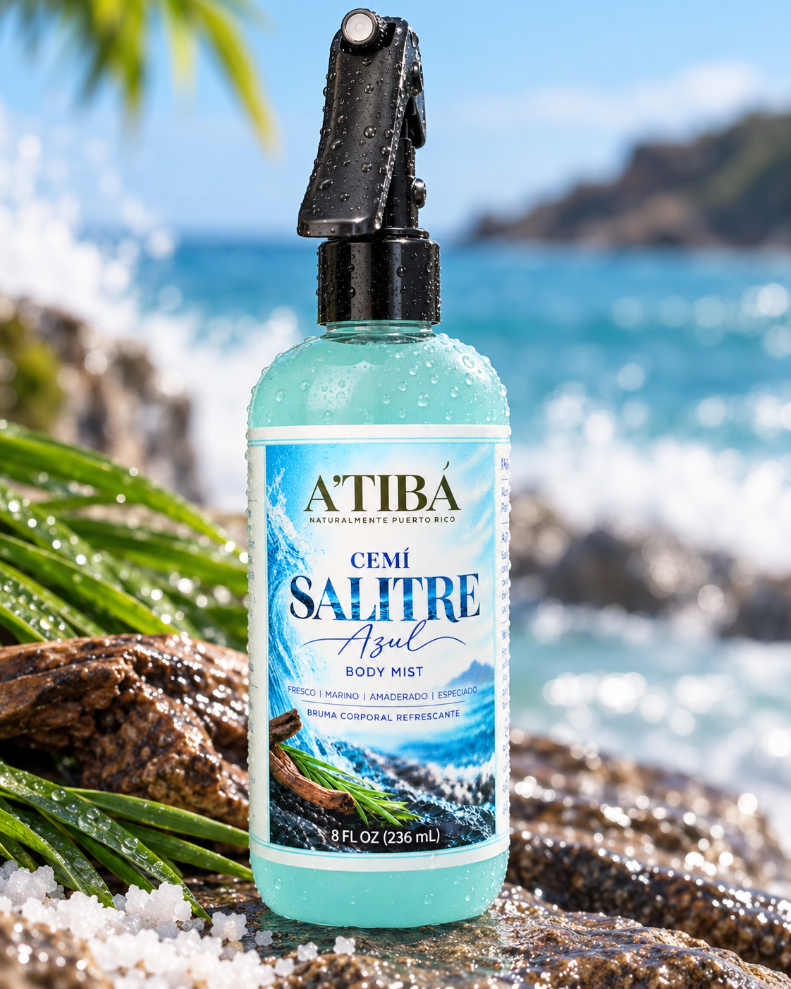 CEMÍ Salitre Azul close-up bottle on coastal rocks with ocean waves — fresh marine woody body mist for men, A'TIBÁ Skincare Naturalmente Puerto Rico, 8 fl oz 236 mL