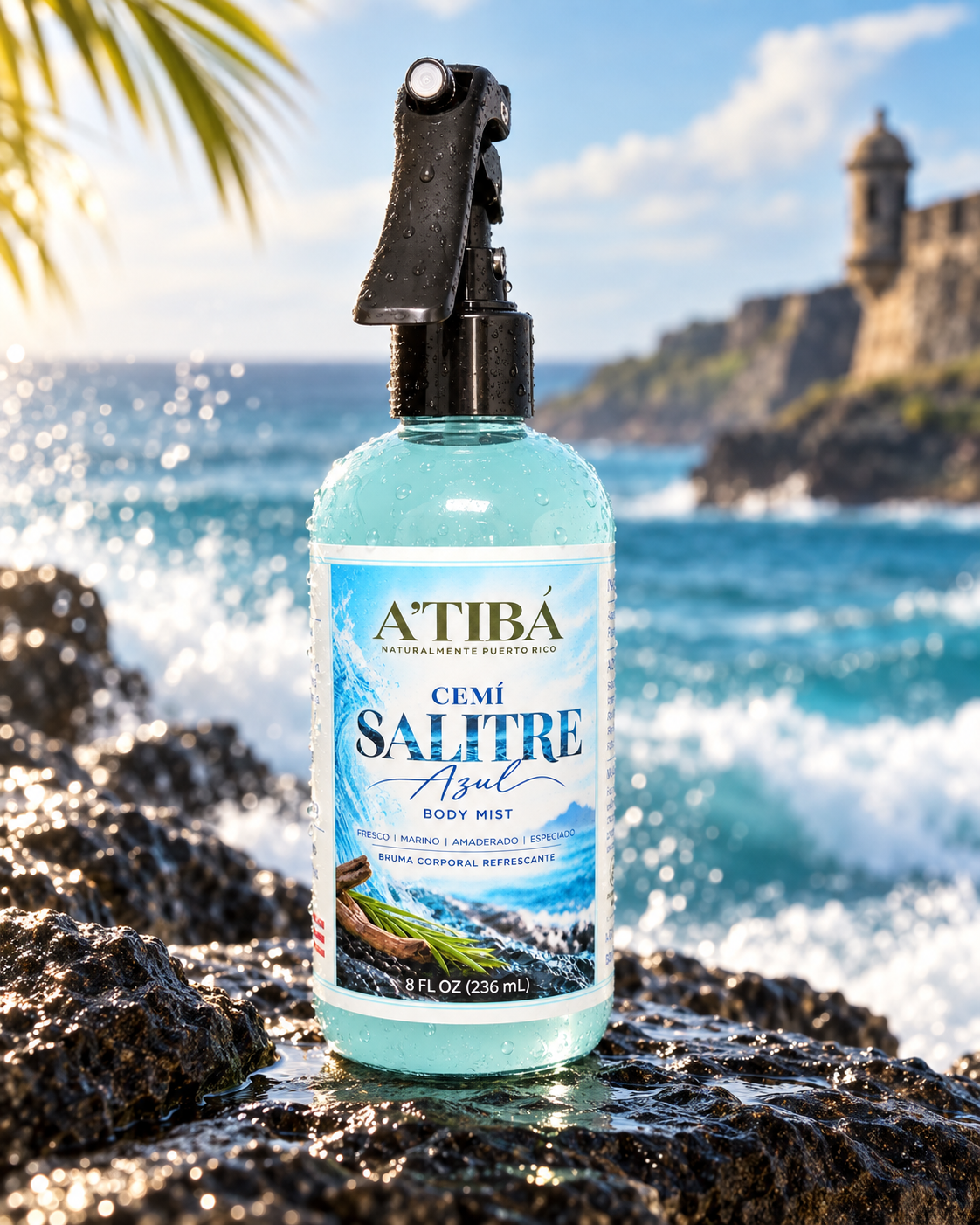 CEMÍ Salitre Azul hero launch graphic — Premium Body Mist, Fresco Marino Amaderado Especiado, A'TIBÁ Skincare Naturalmente Puerto Rico, Sé parte de la tribu