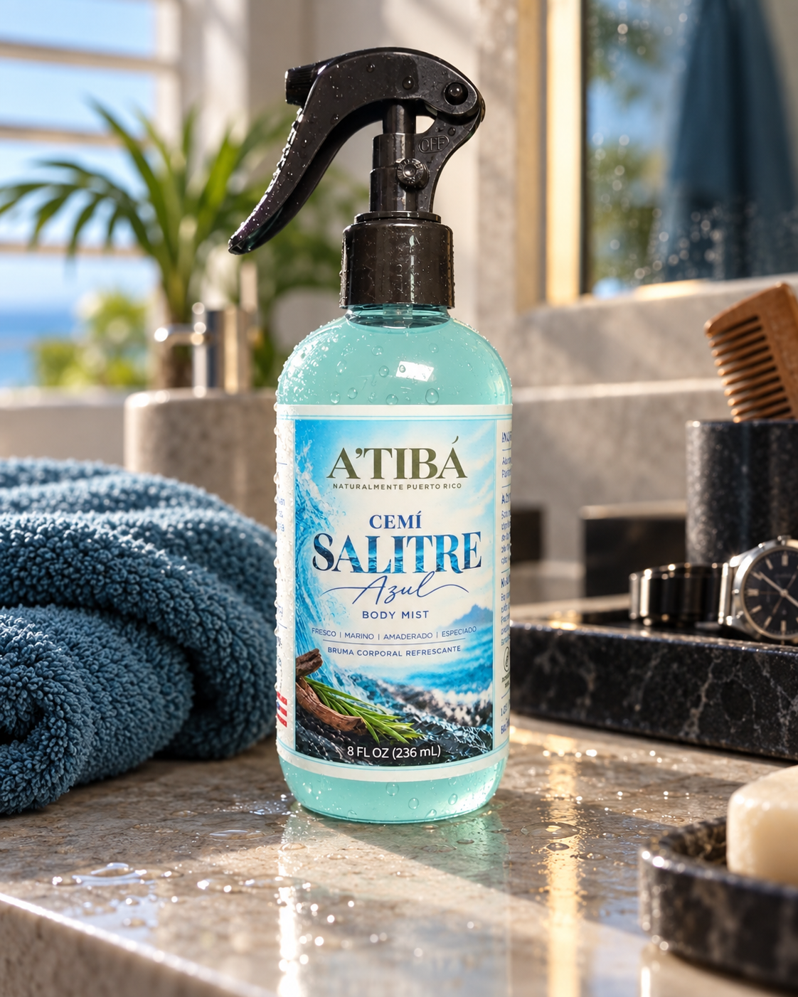 CEMÍ Salitre Azul lifestyle shot — men's bathroom vanity setting with towel watch and comb, premium masculine grooming aesthetic, A'TIBÁ Skincare Puerto Rico