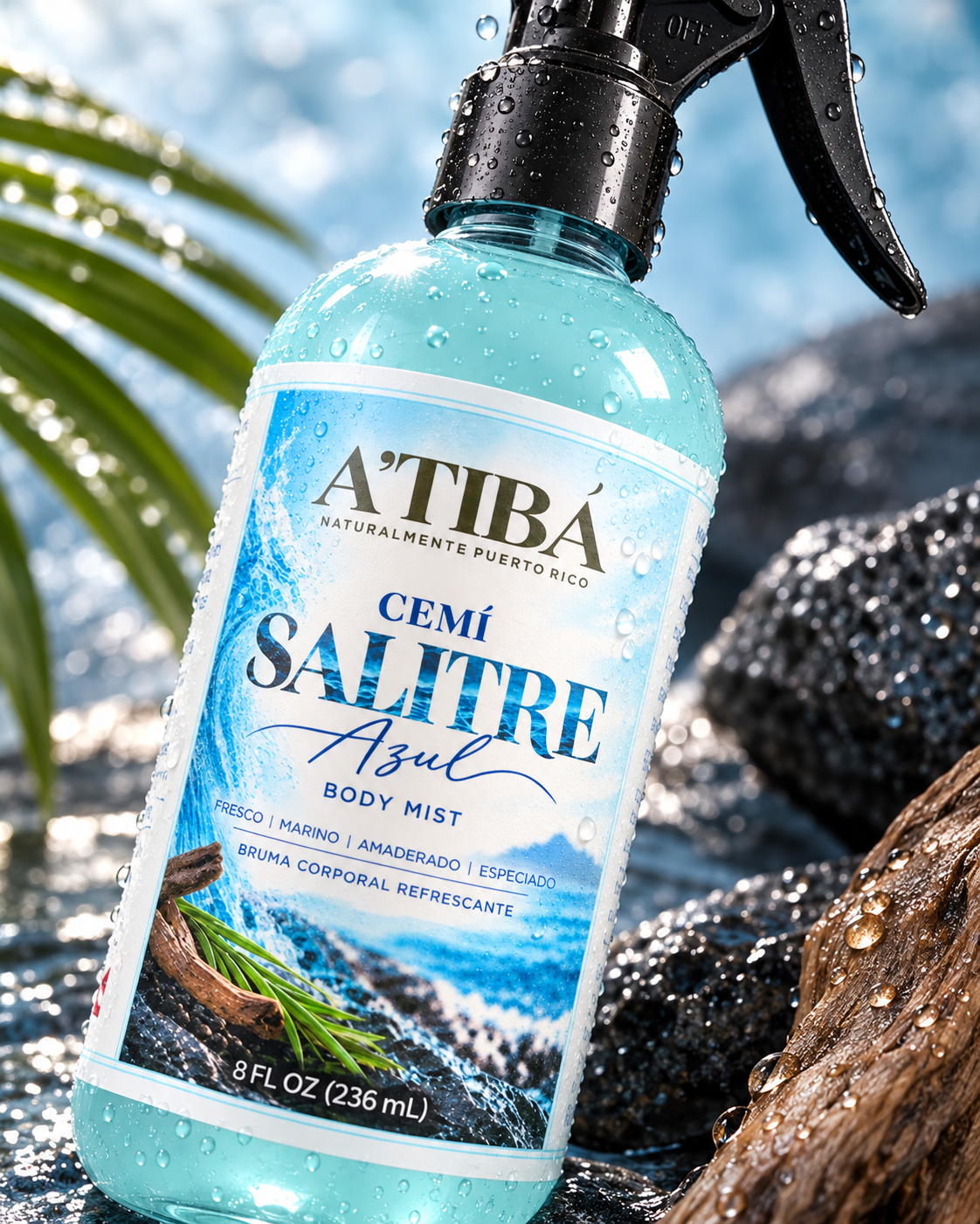 CEMÍ Salitre Azul texture close-up — crystal Caribbean-blue body mist in clear trigger bottle on wet coastal rocks, Fresco Marino Amaderado Especiado, A'TIBÁ Skincare