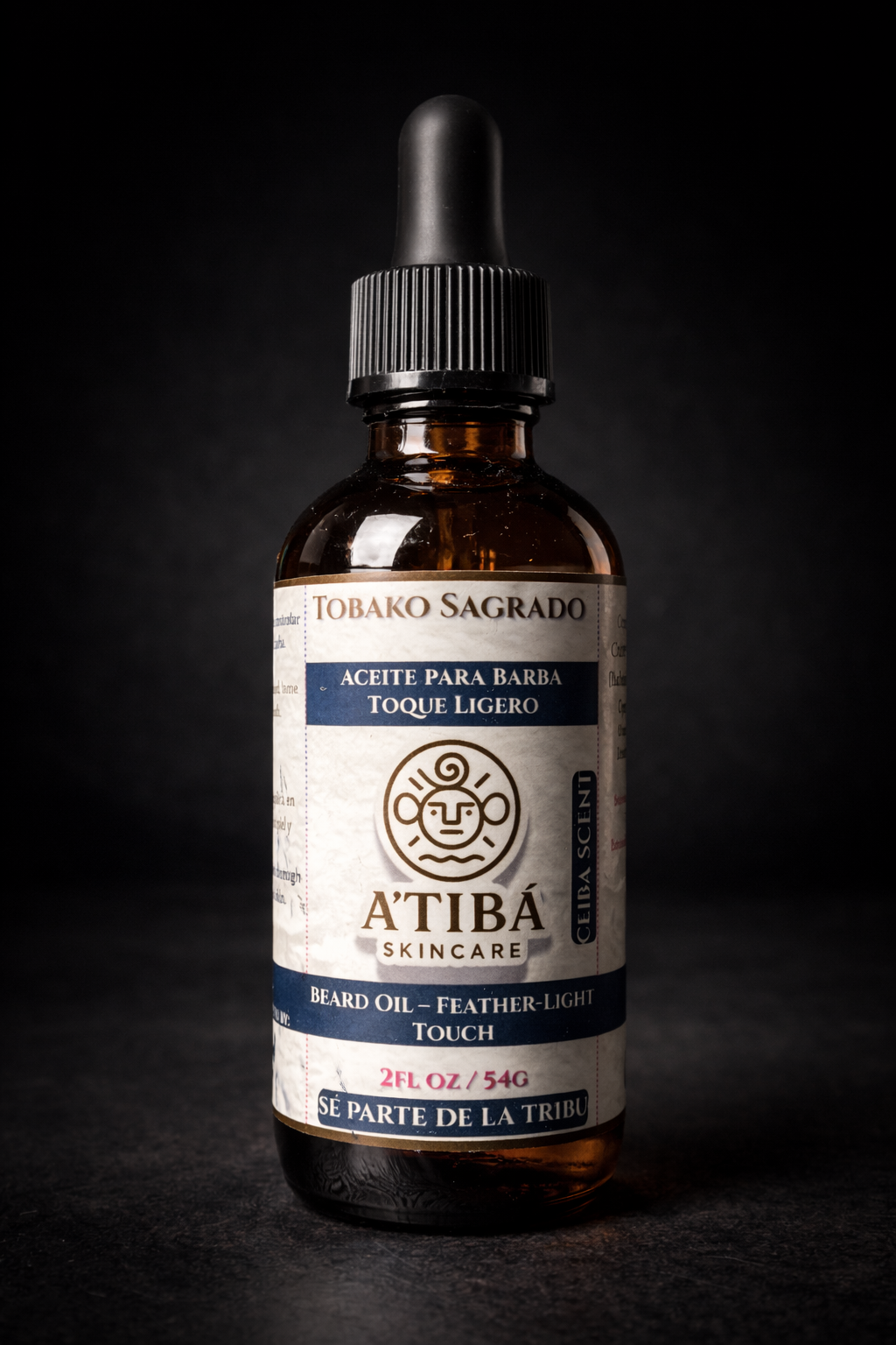 Tobako Sagrado Ceiba Beard Oil by A'Tibá Skincare — 2 oz amber glass dropper bottle hero image