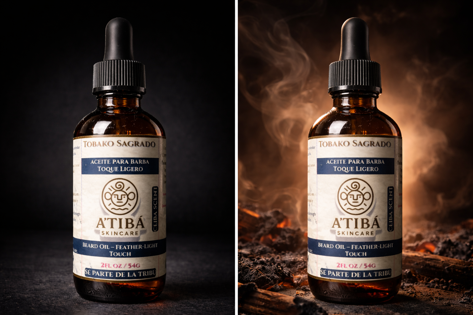Tobako Sagrado beard oil detail view — lightweight conditioning oil with Ceiba scent