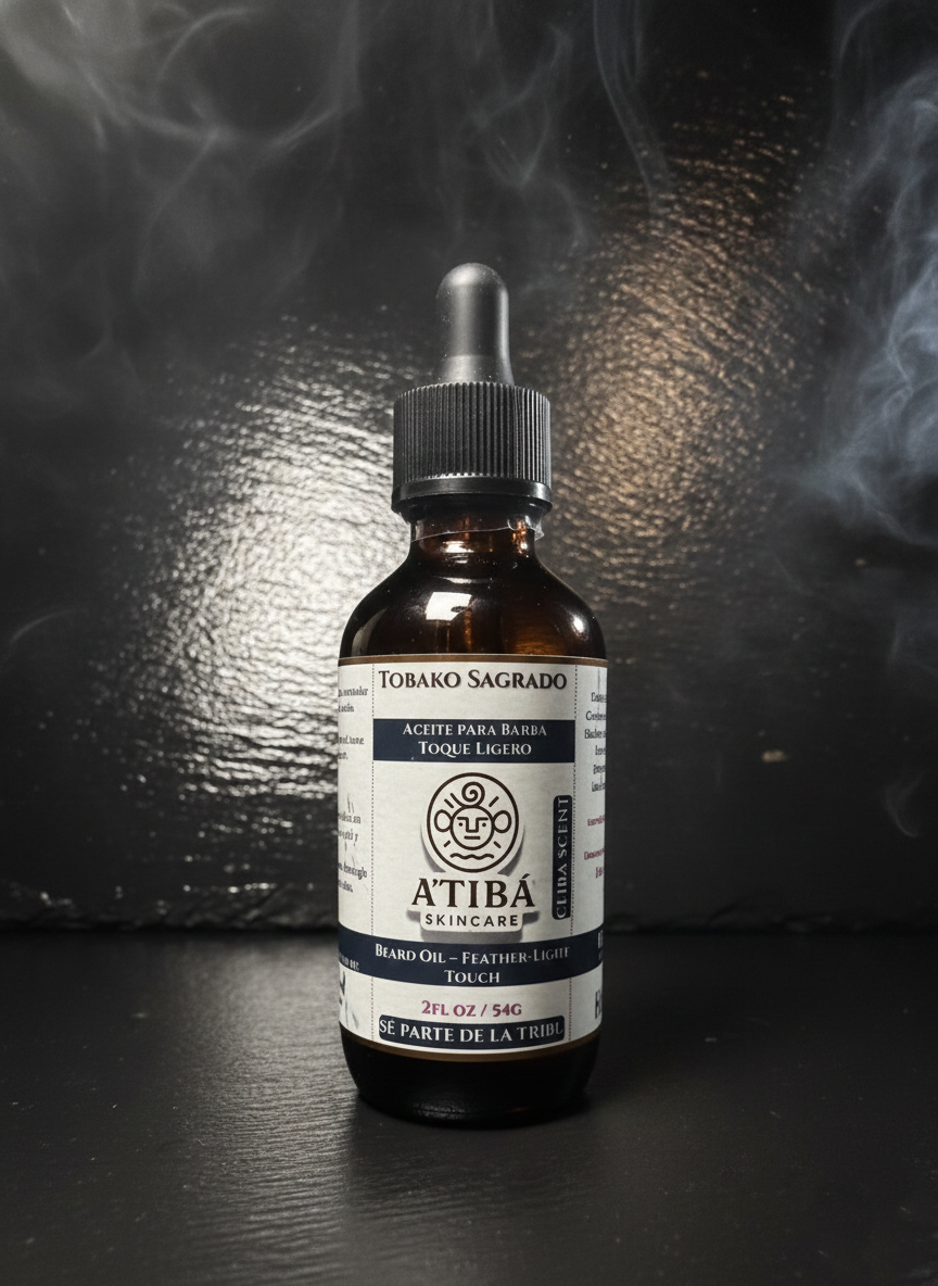 Tobako Sagrado beard oil lifestyle shot — handmade in Puerto Rico by A'Tibá Skincare