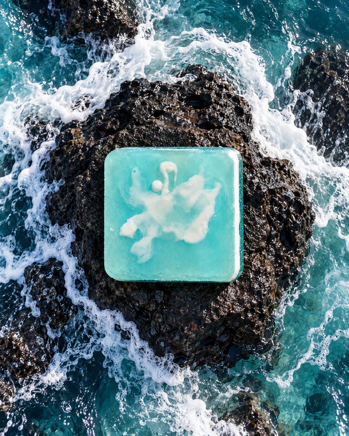 NAYA Salitre Azul bar soap lifestyle shot — soap bar in use during shower routine, marine woody aromatic scent, Veteran Owned Business, A'TIBÁ Skincare Naturalmente Puerto Rico