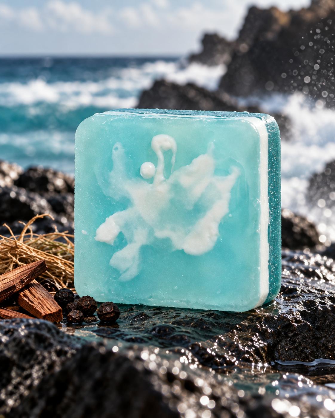 NAYA Salitre Azul 104 g bar soap — actual product photo showing blue and white hand-poured swirl design, individual bar beside window carton packaging, A'TIBÁ Skincare Puerto Rico