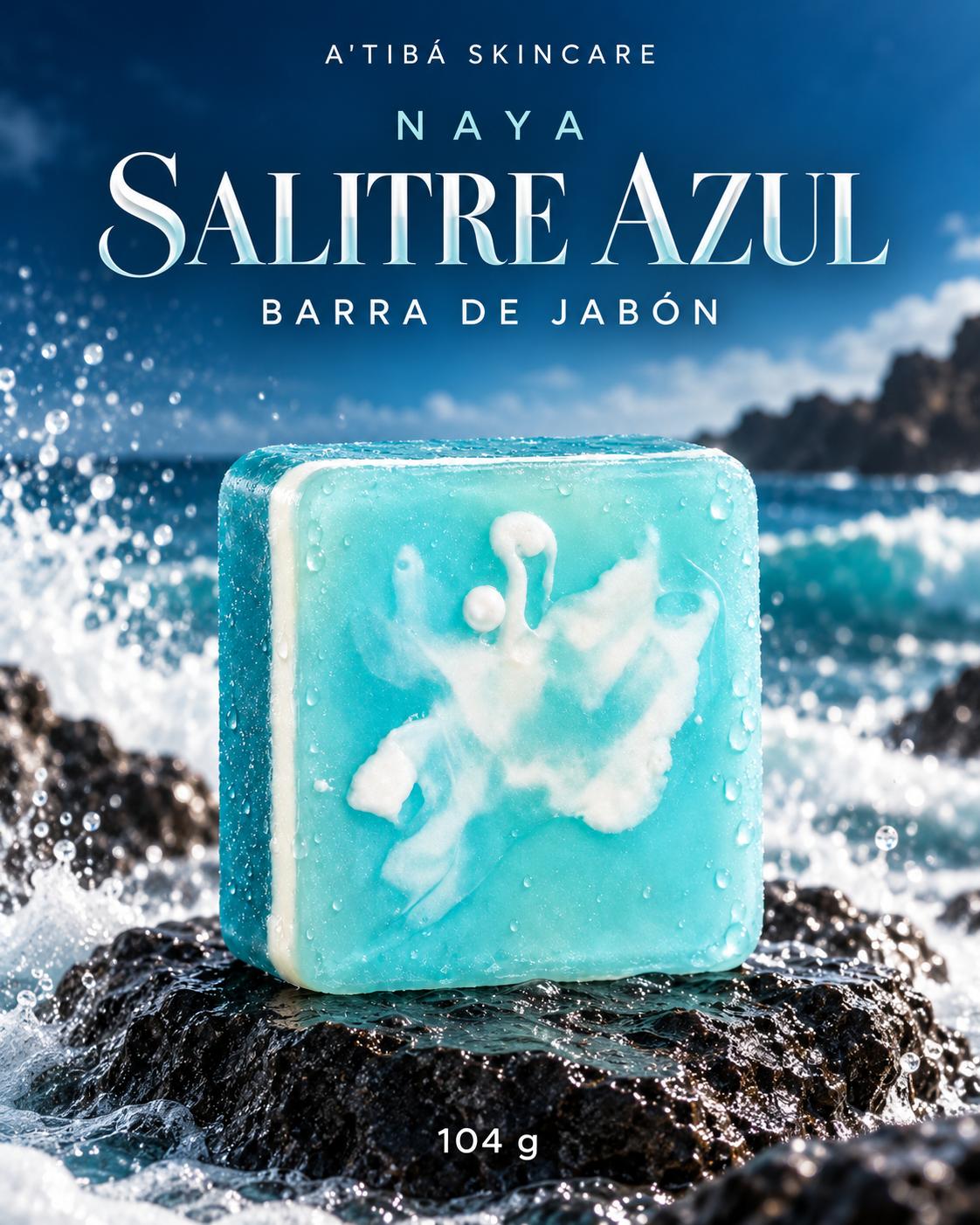 NAYA Salitre Azul bar soap and window carton packaging — front of Salitre Azul window carton showing soap bar inside, marine woody spiced fragrance, A'TIBÁ Skincare Puerto Rico