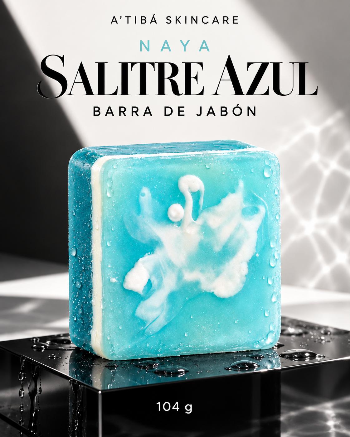 NAYA Salitre Azul bar soap packaging detail — back of window carton with directions caution and ingredient list, NAYA Salitre Azul 104 g, A'TIBÁ Skincare Yauco Puerto Rico