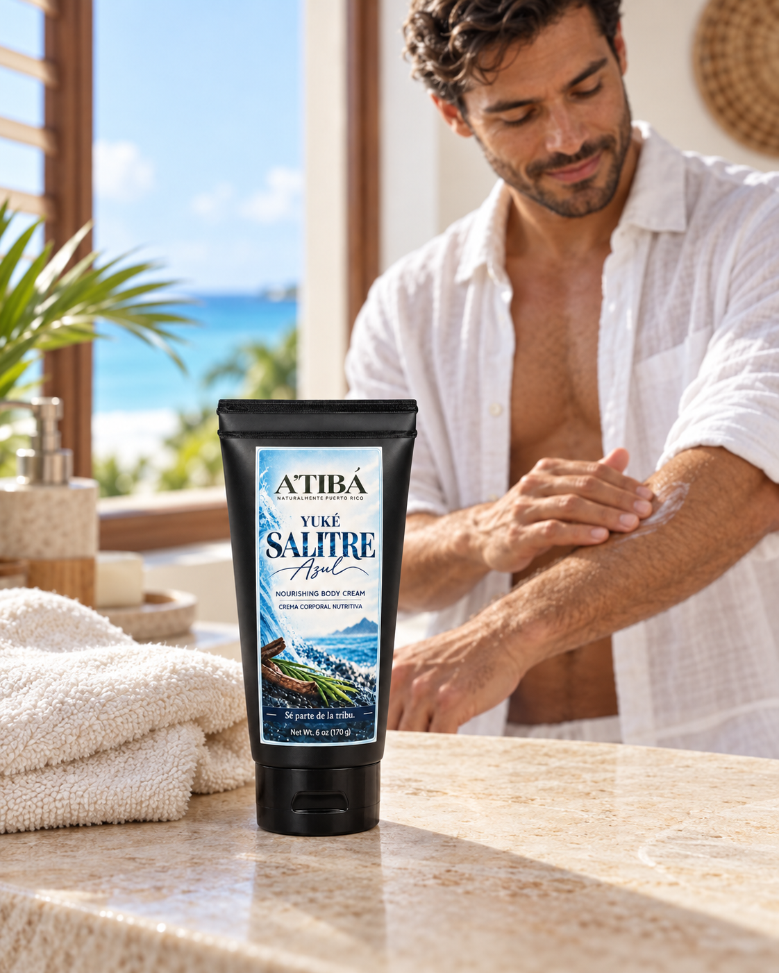 Yuké Salitre Azul lifestyle shot — men's body cream in grooming setting, Salitre Azul fresh marine woody scent, daily moisturizing routine, A'TIBÁ Skincare Veteran-Owned
