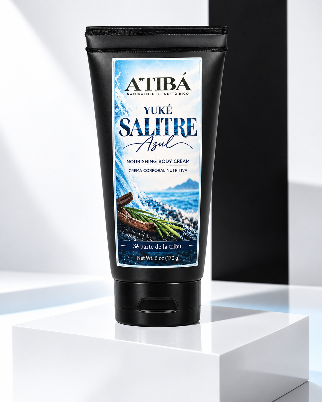Yuké Salitre Azul Nourishing Body Cream by A'TIBÁ Skincare — clean white background hero shot, black 6 oz squeeze tube with flip-top cap and Salitre Azul label, Yauco Puerto Rico