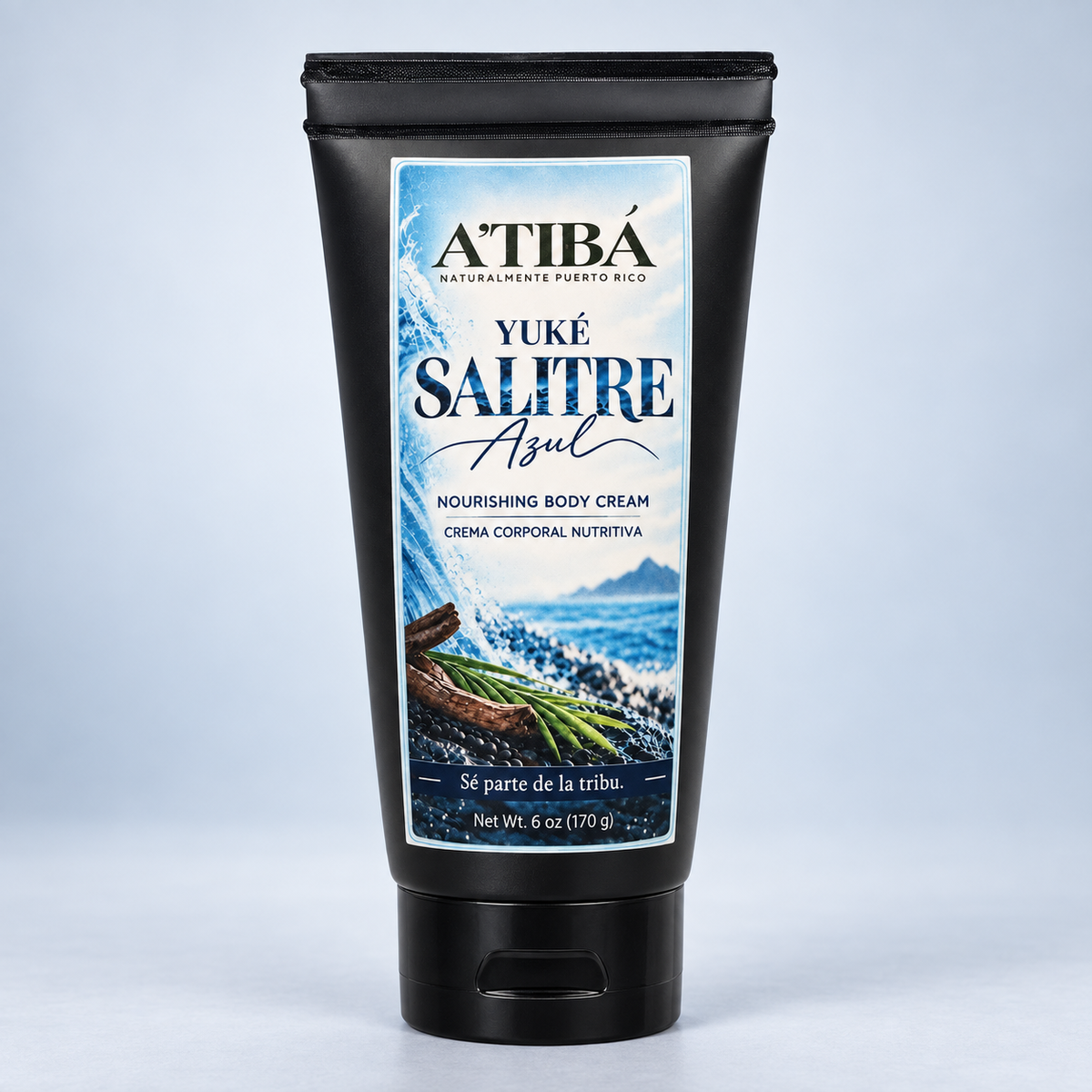Yuké Salitre Azul Men's Body Cream — black squeeze tube product shot with Salitre Azul coastal label, jojoba babassu aloe vera, 6 oz 170 g, A'TIBÁ Skincare Puerto Rico