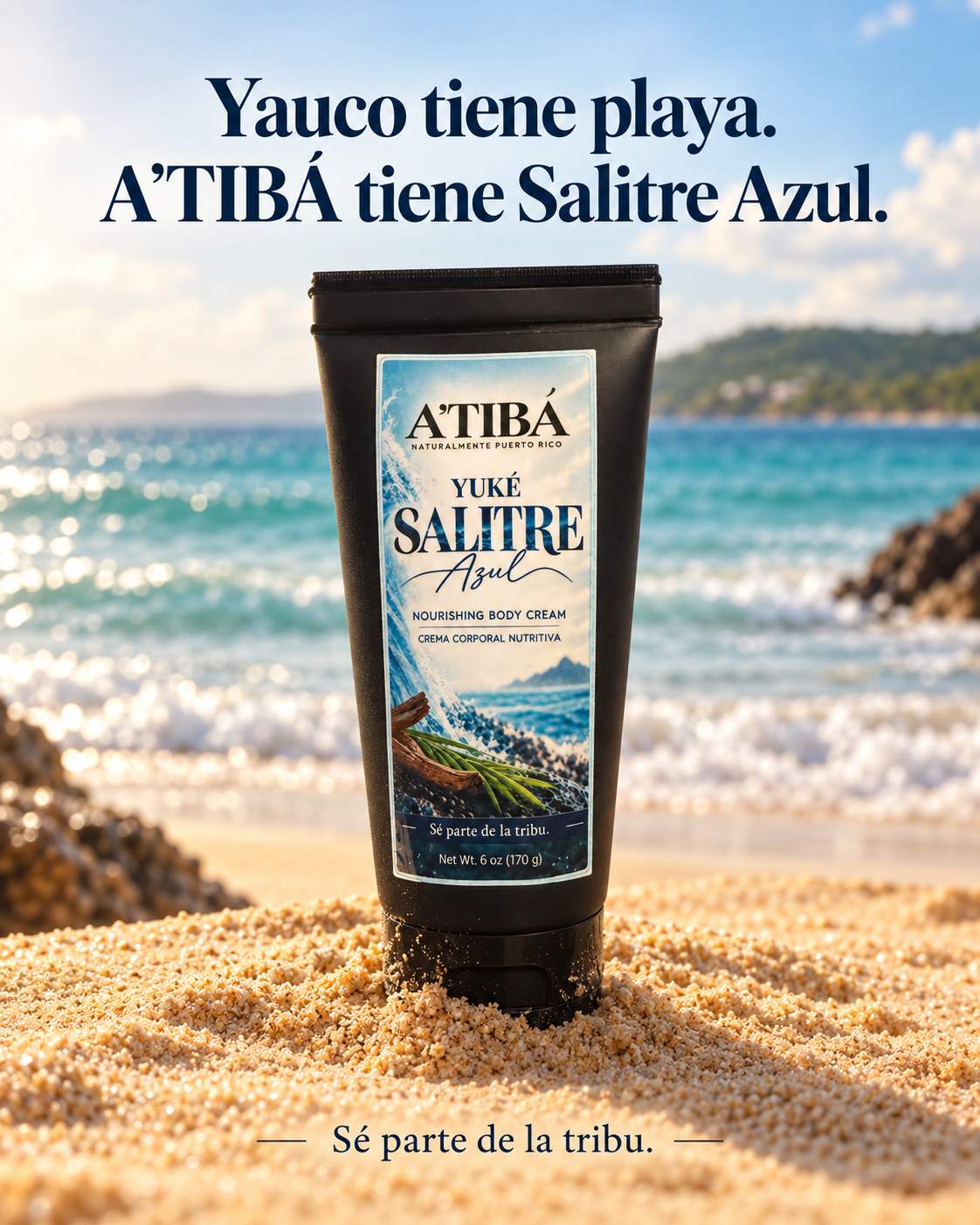 Yuké Salitre Azul Body Cream on coastal rocks with ocean backdrop — Salitre Azul scent profile, fresco marino amaderado especiado, A'TIBÁ Skincare Naturalmente Puerto Rico