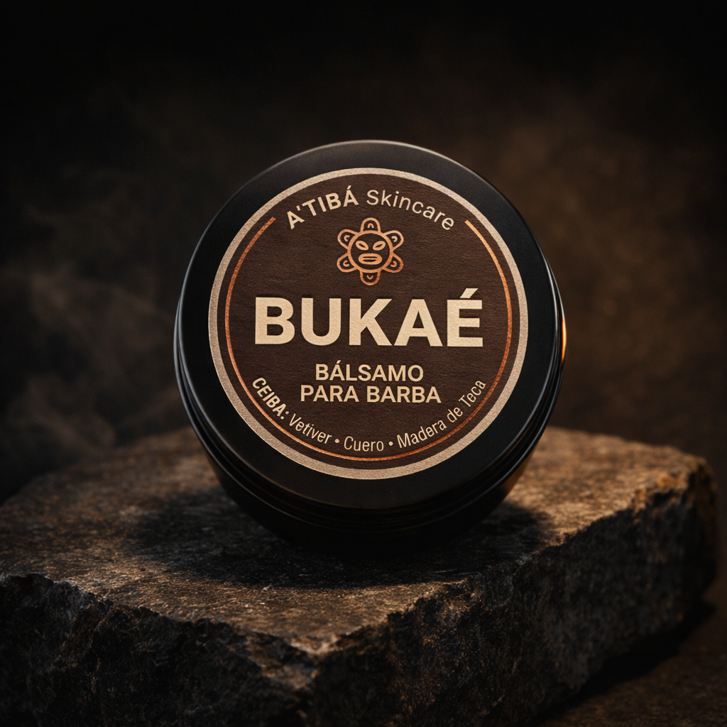 A’TIBÁ Bukaé beard balm in black tin on stone surface with warm cinematic lighting.
