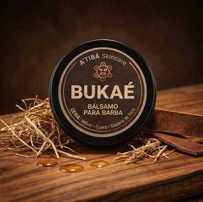 Bukaé beard balm tin on wooden surface with leather and natural styling elements.