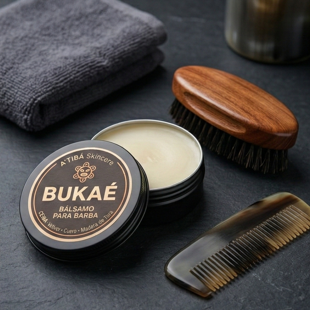 Open Bukaé beard balm tin showing balm texture beside beard brush and comb.