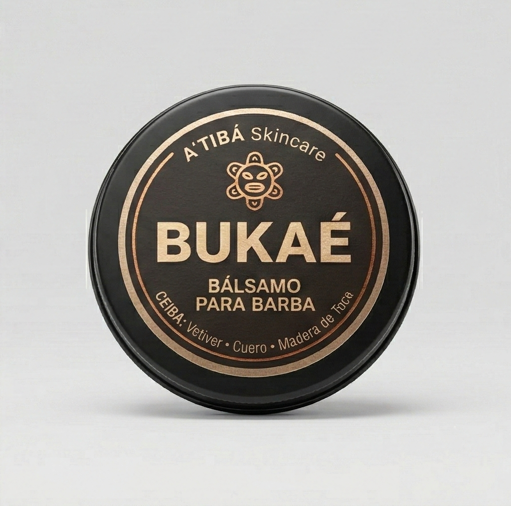Front label packshot of A’TIBÁ Bukaé beard balm tin on clean white background.
