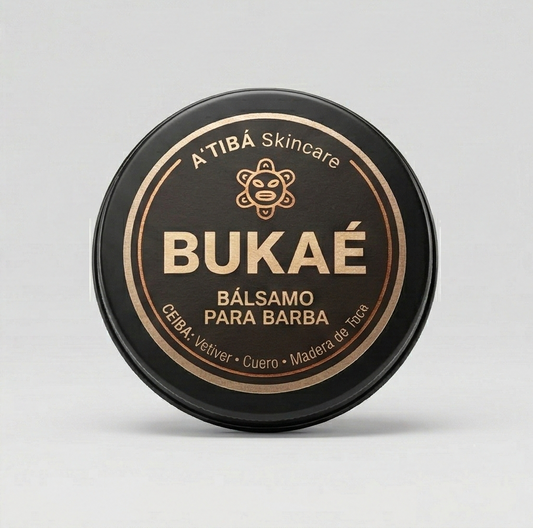 Front label packshot of A’TIBÁ Bukaé beard balm tin on clean white background.