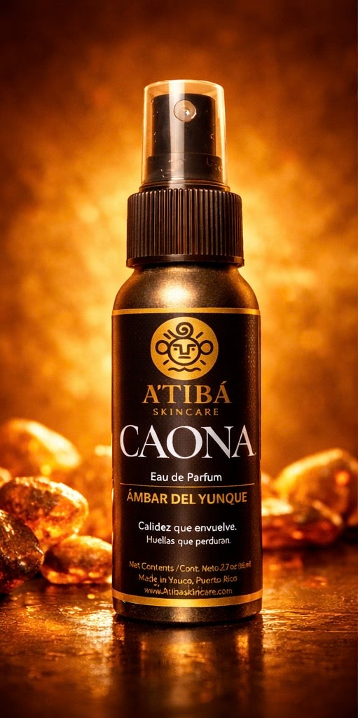 CAONA EDP Ámbar del Yunque — warm amber-inspired fragrance imagery and bottle.