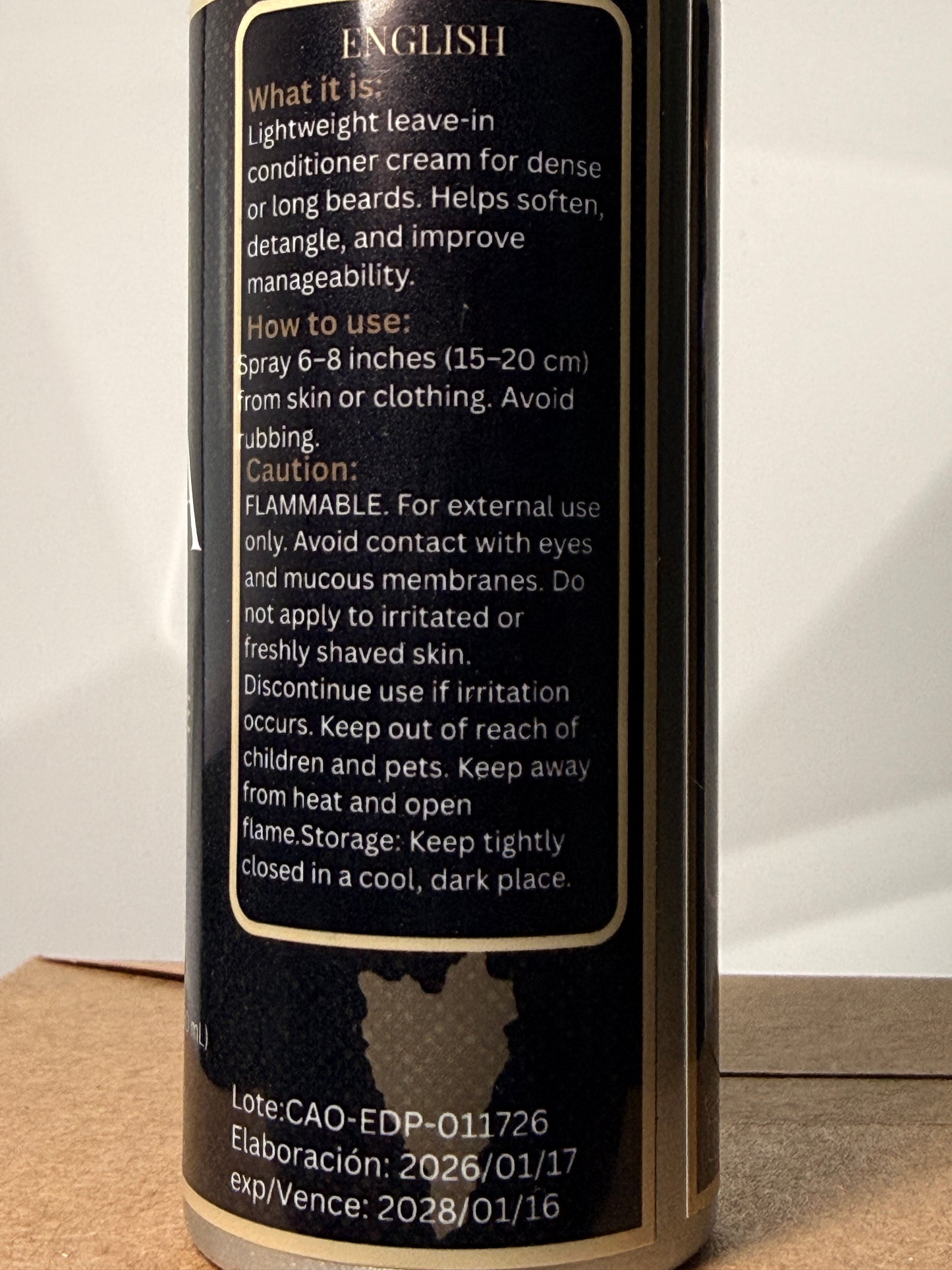 CAONA EDP back label in English — directions, cautions, ingredients.