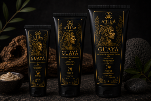 Guayá Luxury Facial Scrub by A'Tibá Skincare — cream polish with jojoba beads, kaolin clay and colloidal oatmeal in matte black squeeze tube