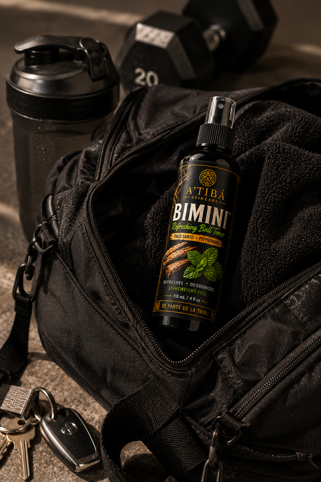 BIMINI™ gym bag lifestyle — post workout refreshing grooming mist