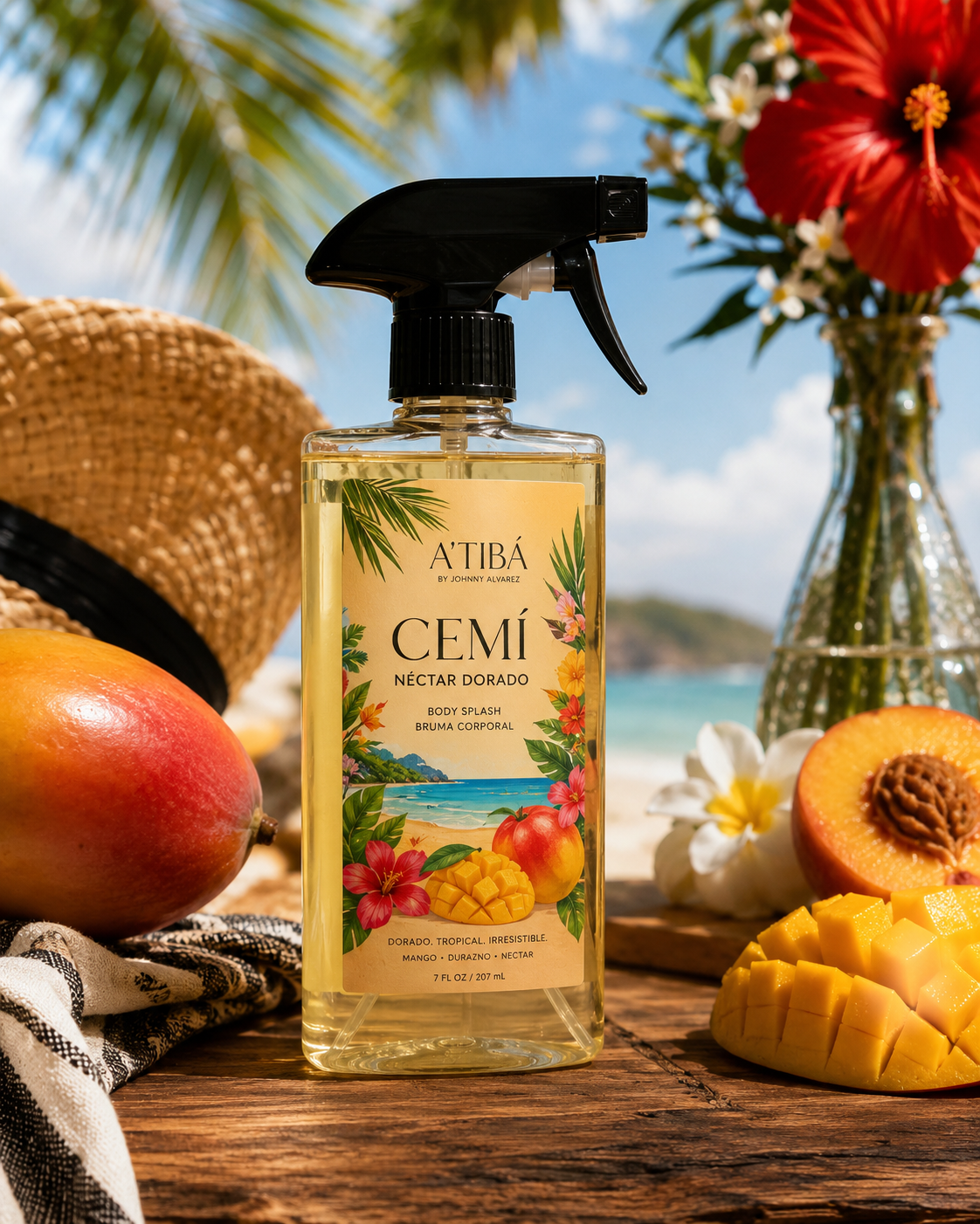 CEMÍ Néctar Dorado tropical body mist by A'Tibá Skincare — lifestyle beach photo with mango and peach