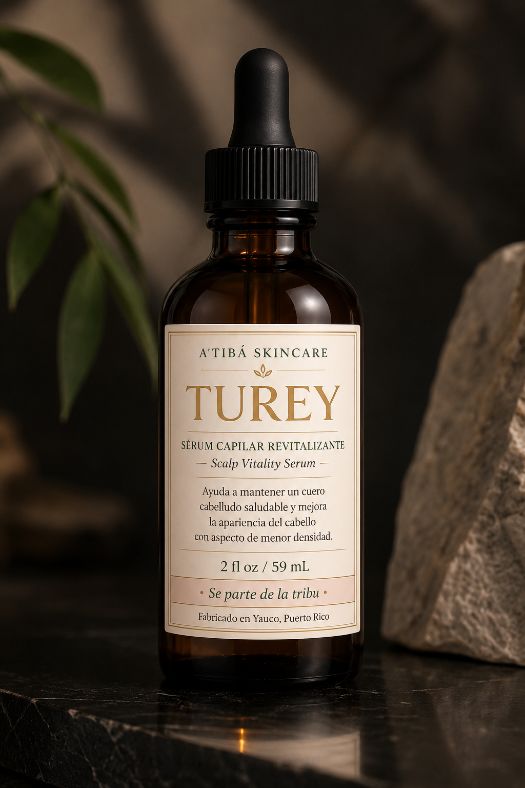 TUREY mockup — 2 oz amber dropper bottle scalp vitality serum Puerto Rico