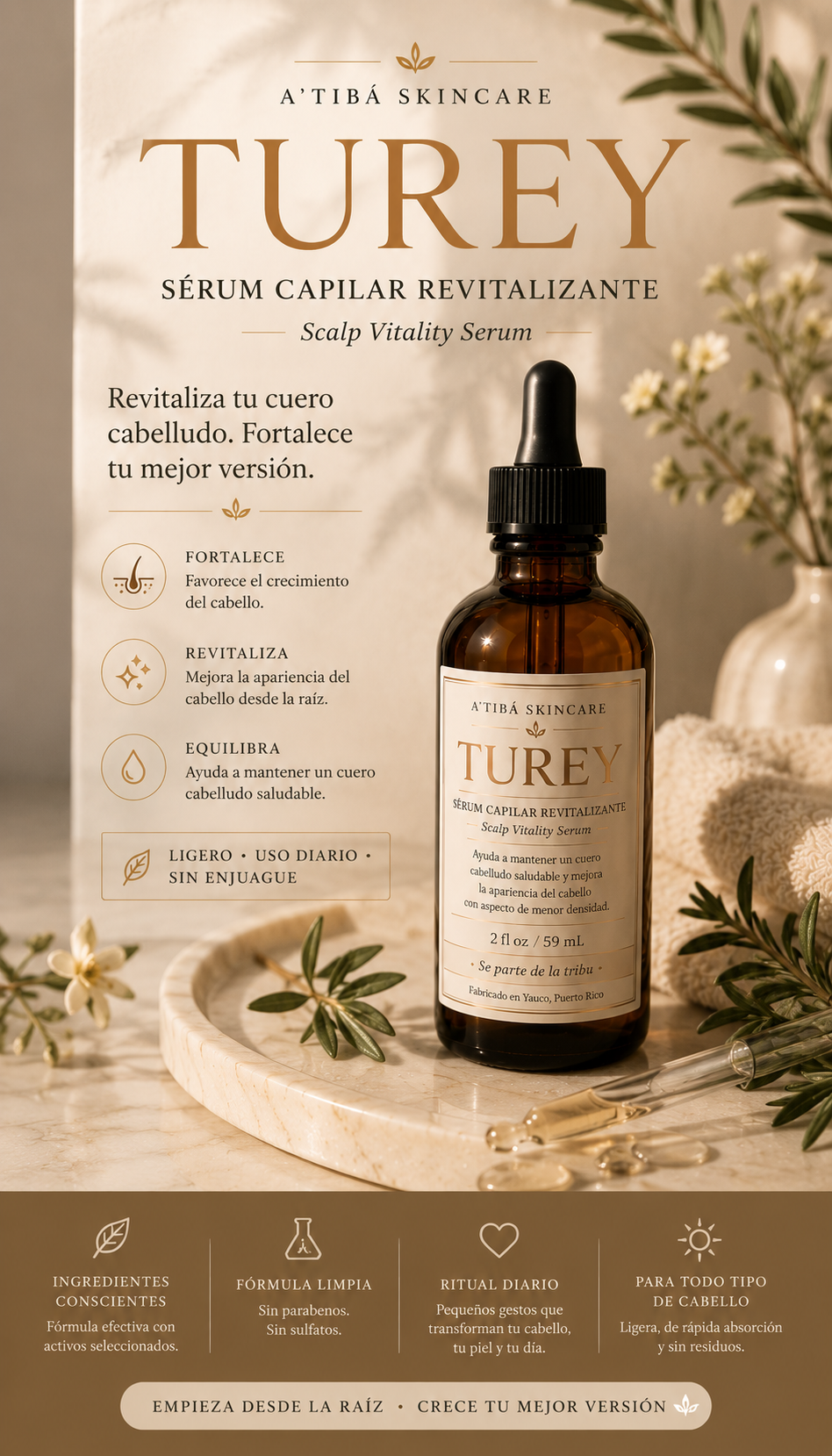TUREY poster tall — Cuida tus raíces Honra tu ritual A'Tibá Skincare