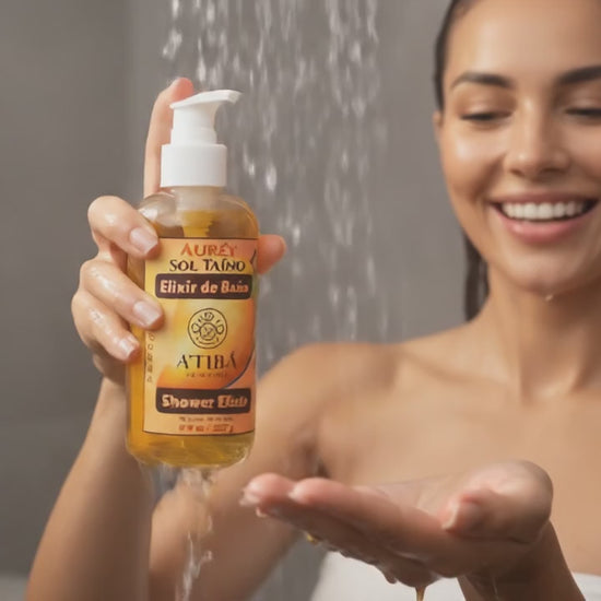 Auréy Sol Taíno Elixir de Baño Mangura — golden oil-to-milk shower elixir by A'Tibá Skincare, handmade in Puerto Rico