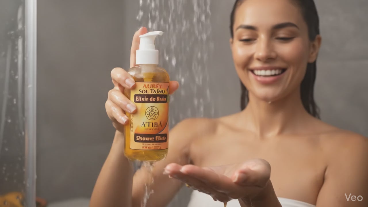 Auréy Sol Taíno Elixir de Baño Mangura — golden oil-to-milk shower elixir by A'Tibá Skincare, handmade in Puerto Rico
