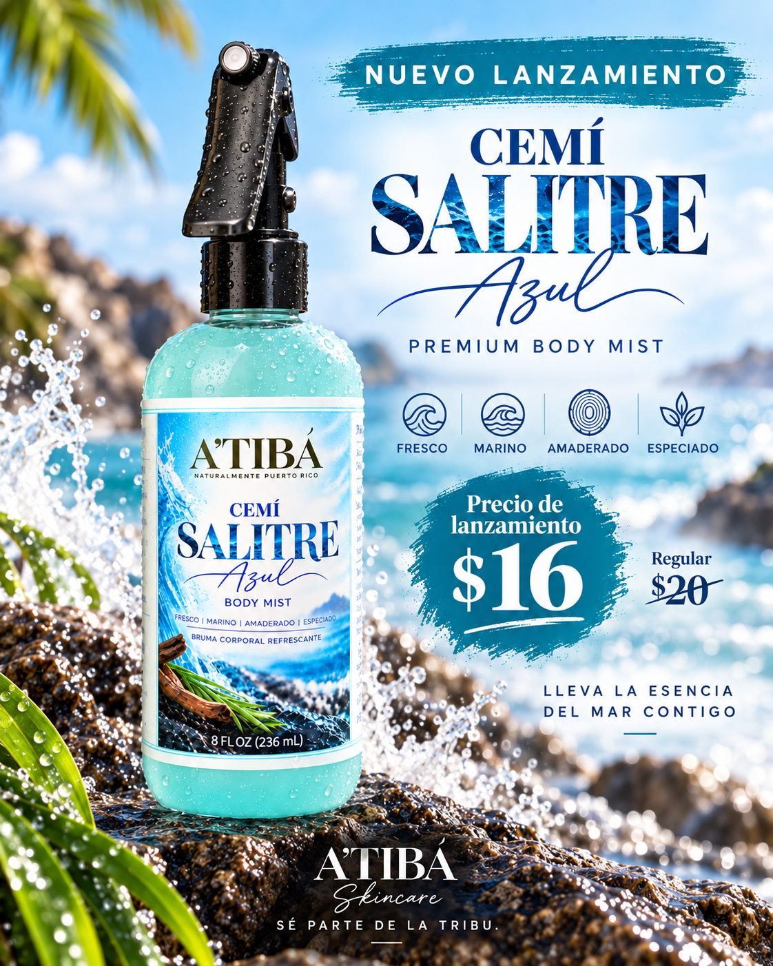 CEMÍ Salitre Azul nuevo lanzamiento promo graphic — precio de lanzamiento $16 regular $20, Lleva la esencia del mar contigo, A'TIBÁ Skincare Premium Men's Body Mist