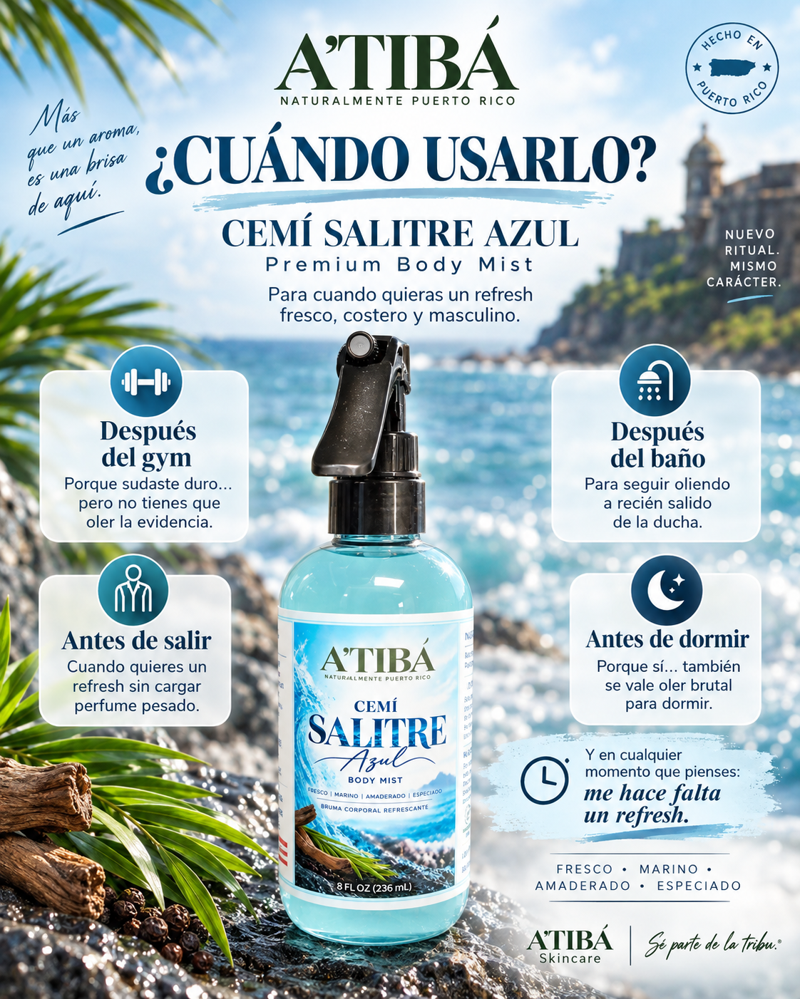 CEMÍ Salitre Azul in use — man applying premium men's body mist trigger spray, fresh aromatic spiced woody fragrance, A'TIBÁ Skincare Veteran-Owned Puerto Rico