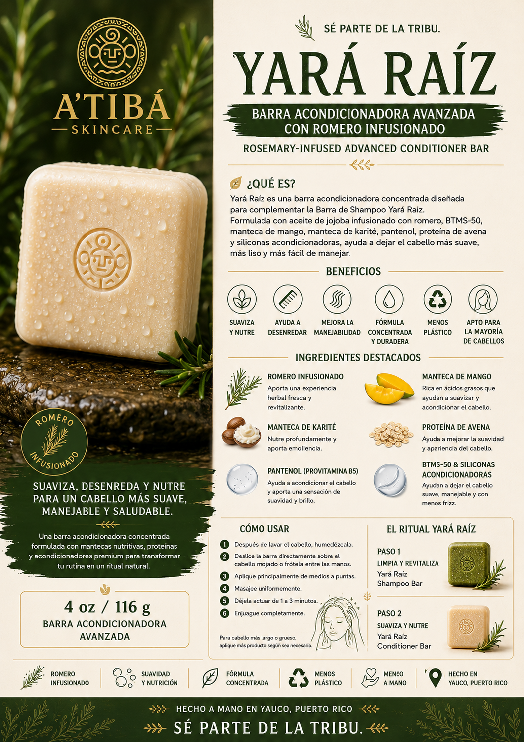 Yará Raíz Conditioner Bar detail — concentrated waterless solid conditioner handmade in Puerto Rico
