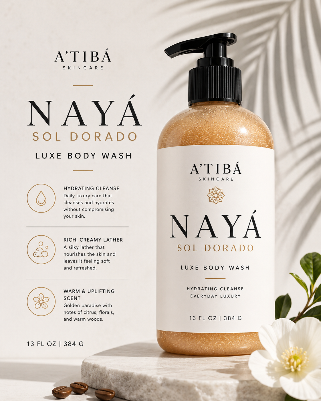 NAYÁ Sol Dorado lifestyle photo — boutique luxury body wash handmade in Puerto Rico