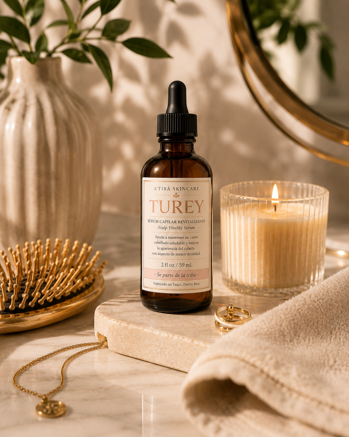TUREY shelfie — scalp serum styled shelf shot handmade in Yauco Puerto Rico
